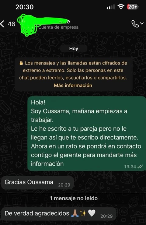 WhatsApp chat conversation showing work-related messages in Spanish from Oussama
