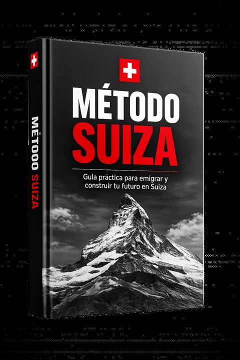 Spanish-language guidebook titled Metodo Suiza about emigrating to Switzerland, featuring Swiss flag and snow-capped mountain imagery on black cover