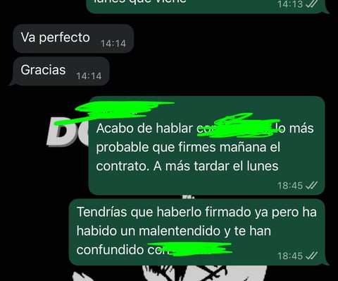 Chat de WhatsApp con mensajes intercambiados entre dos personas