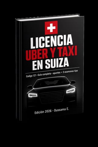 Book cover for Licencia Uber y Taxi en Suiza 2026 edition showing a black car with headlights and Swiss cross flag