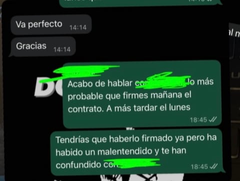 WhatsApp conversation showing Spanish messages with timestamps about signing a contract and resolving misunderstandings