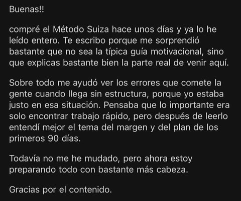 Spanish text message about reading the Suiza Method and learning about finding work and financial planning
