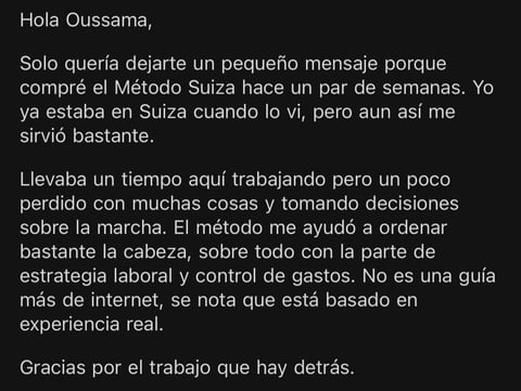 Spanish text message greeting Hola Oussama with personal testimonial about Swiss Method course results