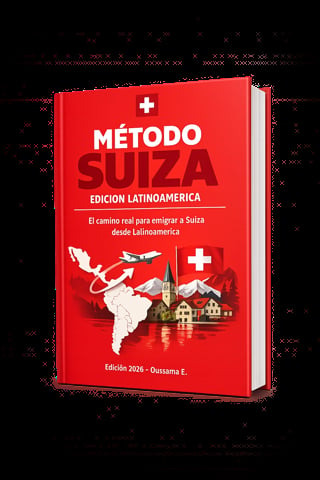 Red book cover titled Metodo Suiza Edicion Latinoamerica with Swiss flag, mountain house, and Latin American map illustrations