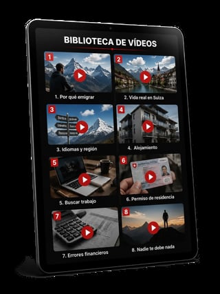 Tablet displaying Biblioteca de Videos with 8 video thumbnails covering topics like emigration, Swiss life, languages, housing, employment, and finance