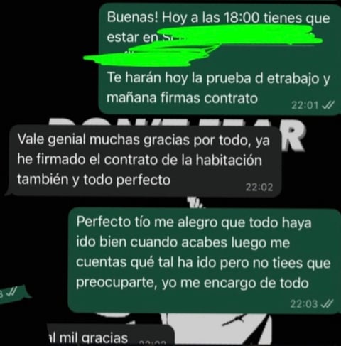 Screenshot of a Spanish language WhatsApp conversation between two people discussing work contract and housing agreement details