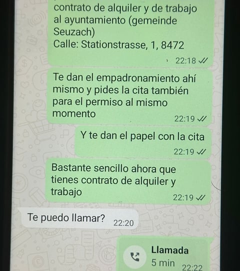 Chat de WhatsApp sobre contratos de alquiler y trabajo en la oficina municipal de Seuzach